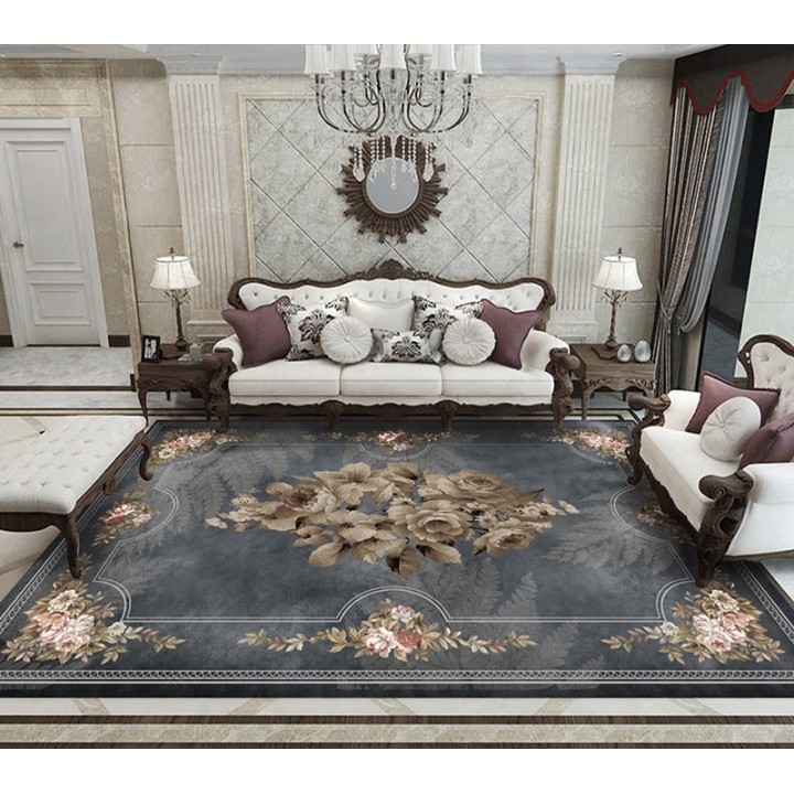 Tapis traditionnel motif symétrique fleurs et fougères sur fond gris