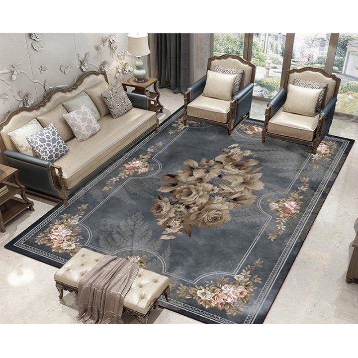 Tapis traditionnel motif symétrique fleurs et fougères sur fond gris