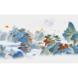 Papier peint japonais paysage zen - Temple se cache dans la montagne, ton bleu