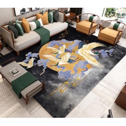 Tapis japonais oiseau mythique fond noir - Grues du Japon en pleine lune avec nuages bleus dorés