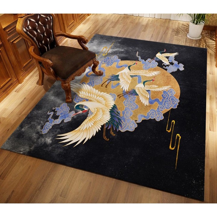 Tapis japonais oiseau mythique fond noir - Grues du Japon en pleine lune avec nuages bleus dorés