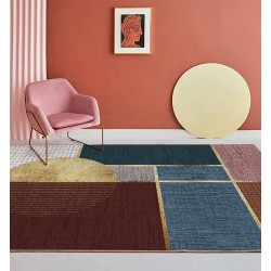 Tapis doré contemporain composition des couleurs et formes - Marron, rose, bleu, orange, rectangle, cercle et pointillé