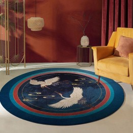Tapis rond bleu et or design japonais - Grues du Japon et nuages dorés