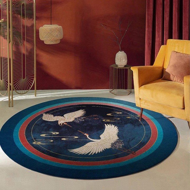 Tapis rond bleu et or design japonais - Grues du Japon et nuages dorés