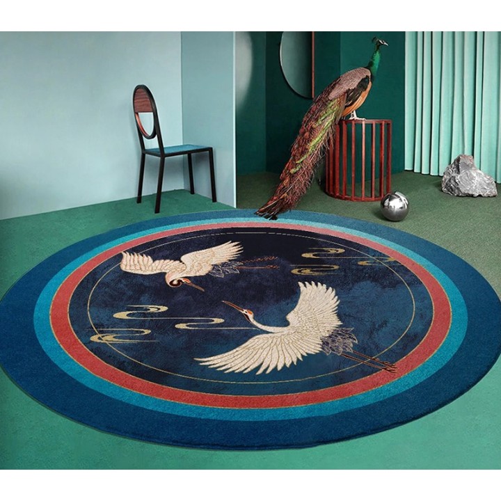 Tapis rond bleu et or design japonais - Grues du Japon et nuages dorés
