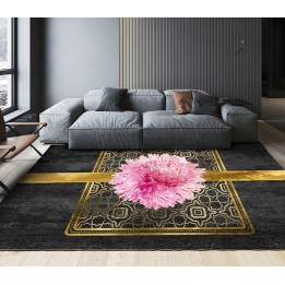 Tapis chic floral ambiance romantique - Dahlia rose sur ruban doré, fond noir