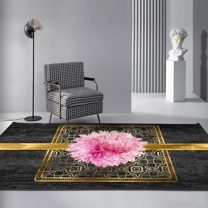 Tapis chic floral ambiance romantique - Dahlia rose sur ruban doré, fond noir