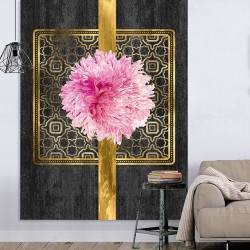 Tapis chic floral ambiance romantique - Dahlia rose sur ruban doré, fond noir