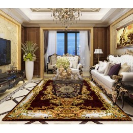 Tapis classique motif symétrique - Fleurs et feuillage jaune orangés sur fond marron