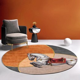 Tapis rond design contemporain - Cheval sur fond orange, beige et gris avec traits dorés
