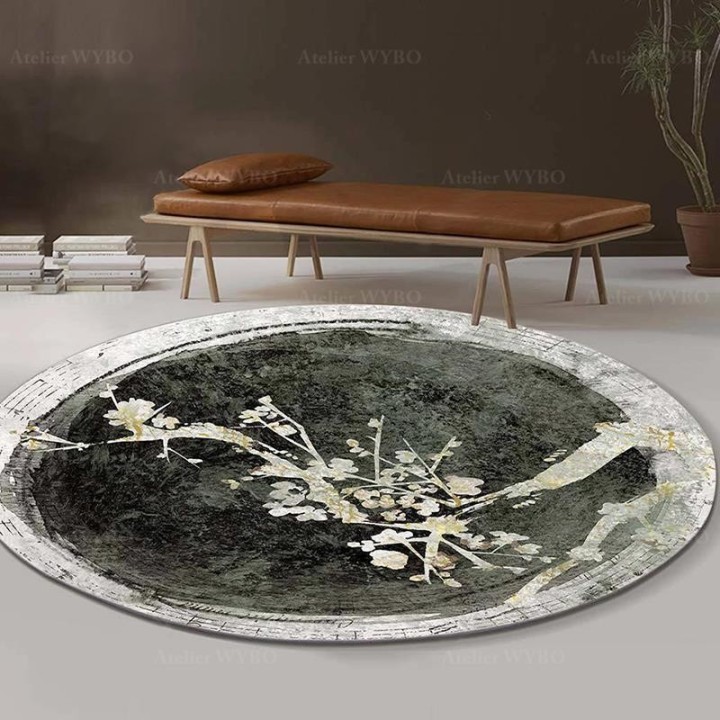 Tapis rond japonais style ancien - Arbre en floraison, couleur noir, gris et blanc