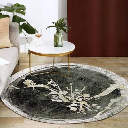 Tapis rond japonais style ancien - Arbre en floraison, couleur noir, gris et blanc