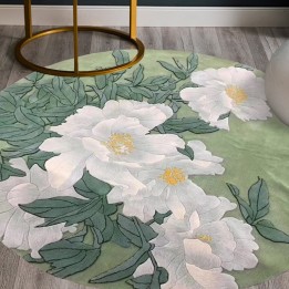 Tapis chinois forme ronde pivoine blanche sur fond vert