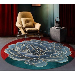 Tapis floral forme ronde pivoine bleue dorée