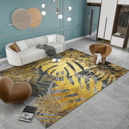 Tapis doré contemporain - Feuilles de palmier et philodendron sur fond gris