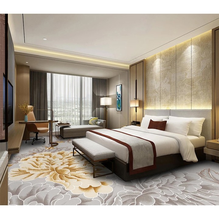Tapis fleur chambre d'hôtel couelur gris et doré