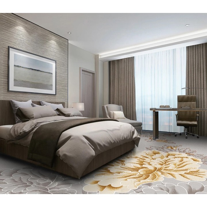 Tapis fleur chambre d'hôtel couelur gris et doré