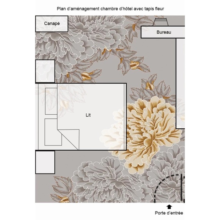 Tapis fleur chambre d'hôtel couelur gris et doré
