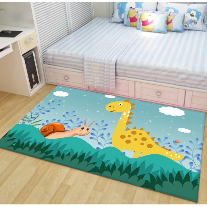 Tapis chambre enfant ton bleu et vert - Dinosaure et escargot