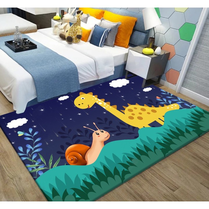 Tapis chambre enfant ton bleu et vert - Dinosaure et escargot