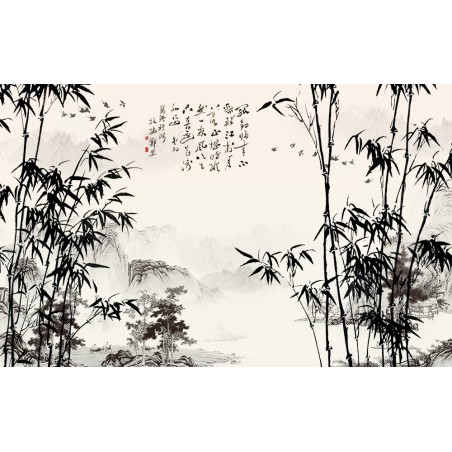Papier peint chinois-Paysage avec les bambous en noir et blanc