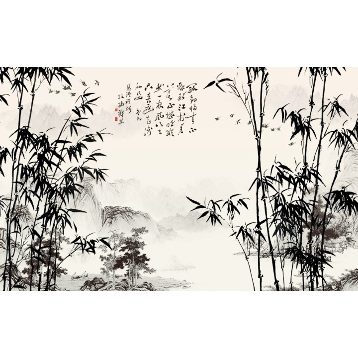 Papier peint paysage chinois les bambous etle poème
