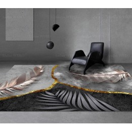 Feuille de palmier sur fond noir, plumes roses sur fond gris, traits dorés