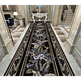 Tapis couloir format long style tropical - Fleurs et colibris sur fond noir