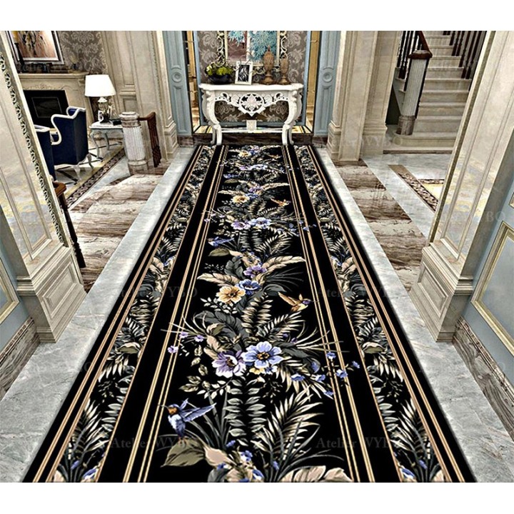 Tapis couloir format long style tropical - Fleurs et colibris sur fond noir