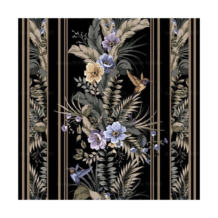 Tapis couloir format long style tropical - Fleurs et colibris sur fond noir