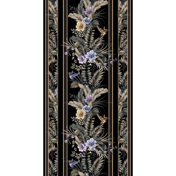 Tapis couloir format long style tropical - Fleurs et colibris sur fond noir