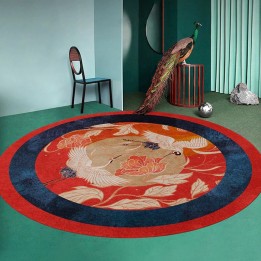 Tapis japonais forme ronde - Grues du Japon et fleur sur fond rouge et bleu