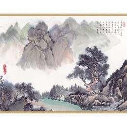 tapisserie numérique sur mesure style chinois-paysage avec poème-Dans la montagne