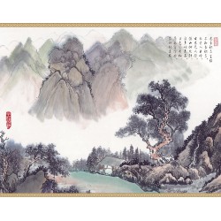 Papier peint chinois - "Paysage avec poème - Dans la montagne"