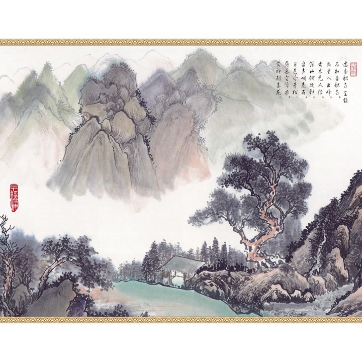 tapisserie numérique sur mesure style chinois-paysage avec poème-Dans la montagne