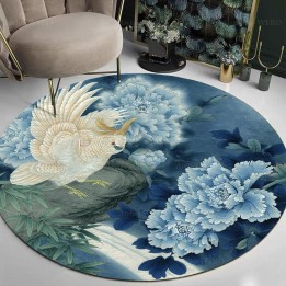 Tapis rond fleurs et osieaux - Pivoine bleu, bambou et perroquet dans la nuit