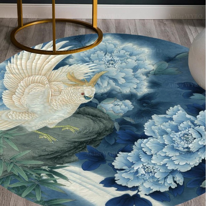 Tapis rond fleurs et osieaux - Pivoine bleu, bambou et perroquet dans la nuit
