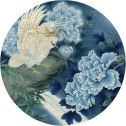 Tapis rond fleurs et osieaux - Pivoine bleu, bambou et perroquet dans la nuit