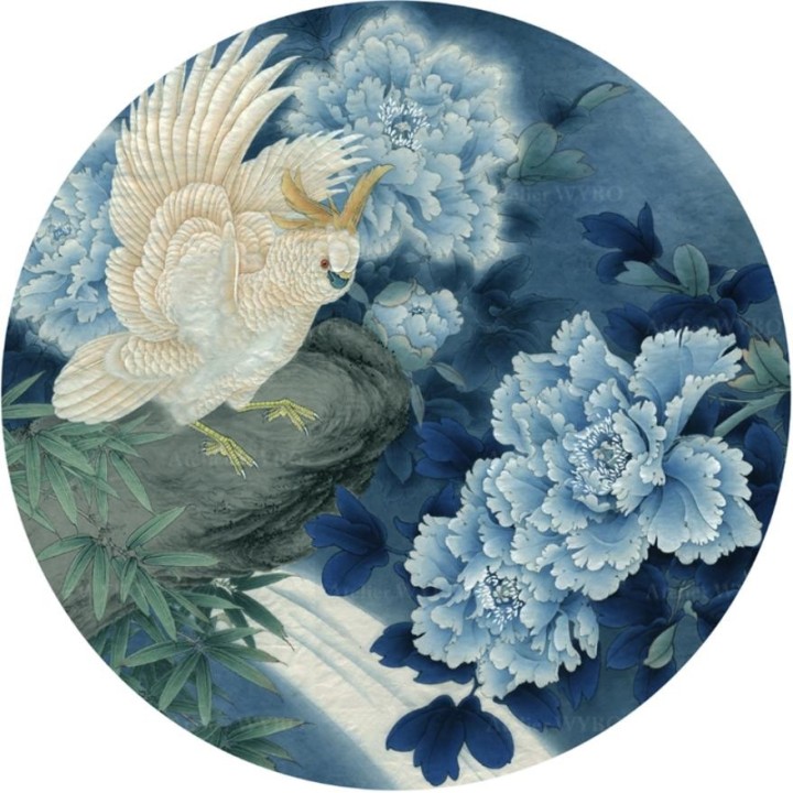 Tapis rond fleurs et osieaux - Pivoine bleu, bambou et perroquet dans la nuit
