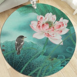 Tapis rond fleurs et osieaux ton vert - Lotus rose et oiseau d'eau