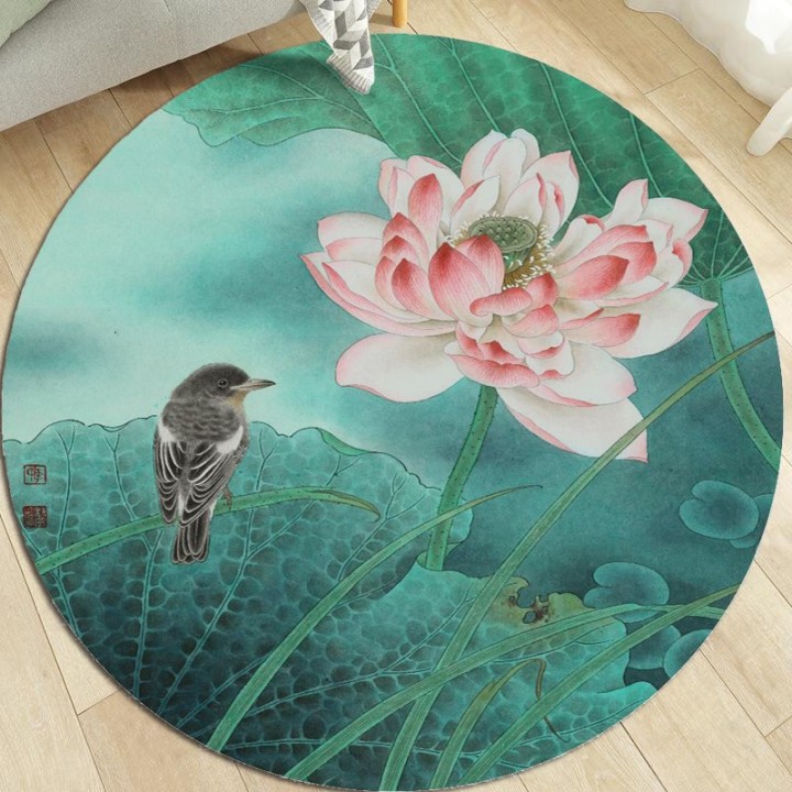 Tapis rond fleurs et osieaux ton vert - Lotus rose et oiseau d'eau