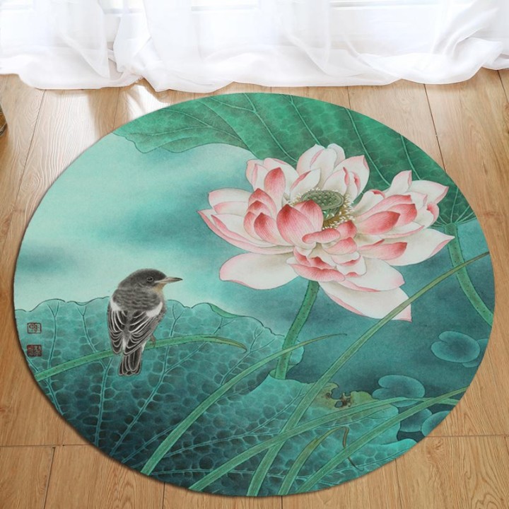 Tapis rond fleurs et osieaux ton vert - Lotus rose et oiseau d'eau