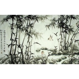 tapisserie numérique sur mesure style chinois-paysage avec bambous et oiseaux en noir et blanc