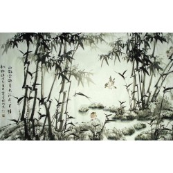 Papier peint chinois - "Les bambous est les oiseaux" en noir et blanc
