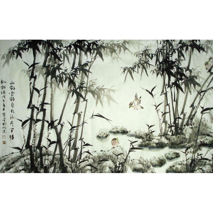 tapisserie numérique sur mesure style chinois-paysage avec bambous et oiseaux en noir et blanc