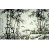 Papier peint chinois - "Les bambous est les oiseaux" en noir et blanc