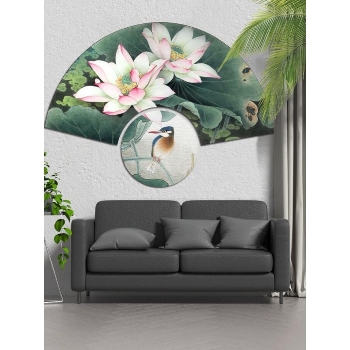Tapis mural en forme d'éventail - Les lotus et oiseau, 2 pièces séparées
