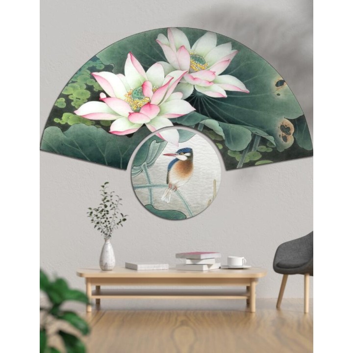 Tapis mural en forme d'éventail - Les lotus et oiseau, 2 pièces séparées