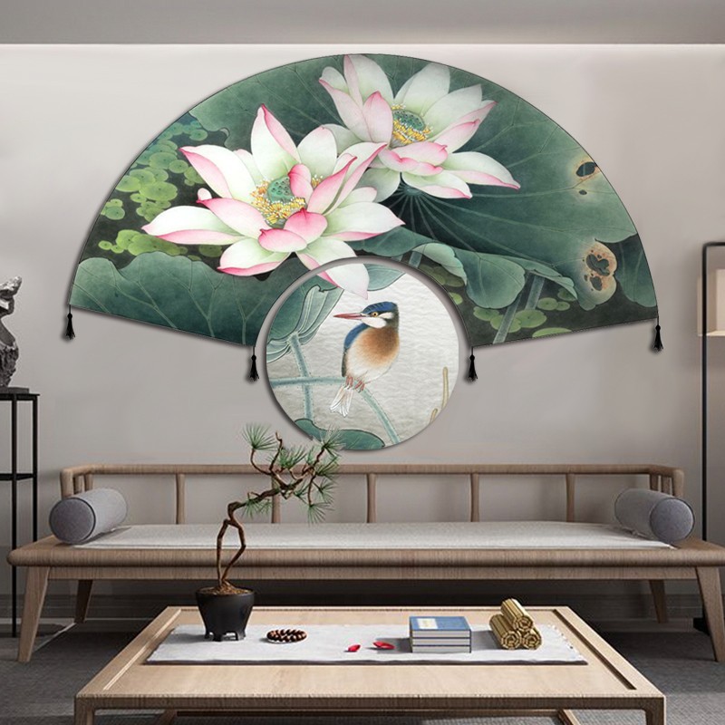 Tapis mural en forme d'éventail - Les lotus et oiseau, 2 pièces séparées
