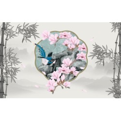 Paysage et bambou niveau de gris, magnolia rose et oiseau bleu dans jardin